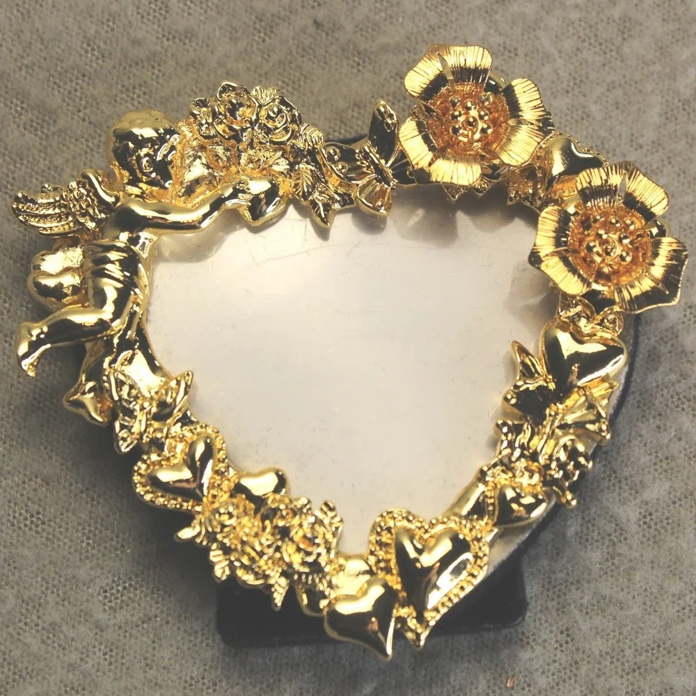 Avon Heart Frame with Earrings Women Gold Tone 1995 Cherub Floral Vintage Gift
